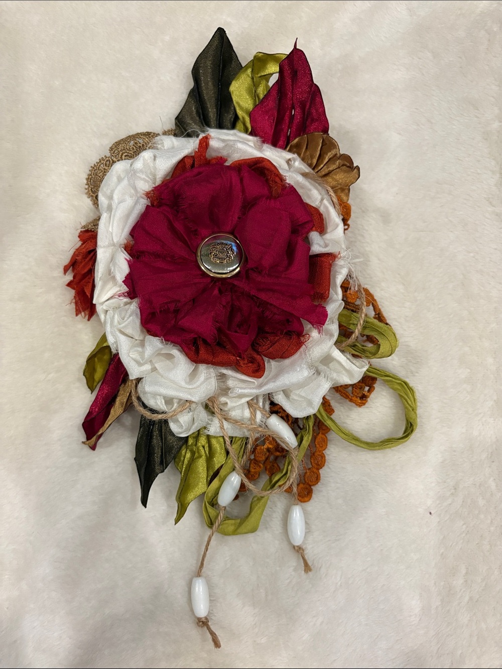 Handcrafted Floral Fabric Brooch in Burgundy, White & Olive